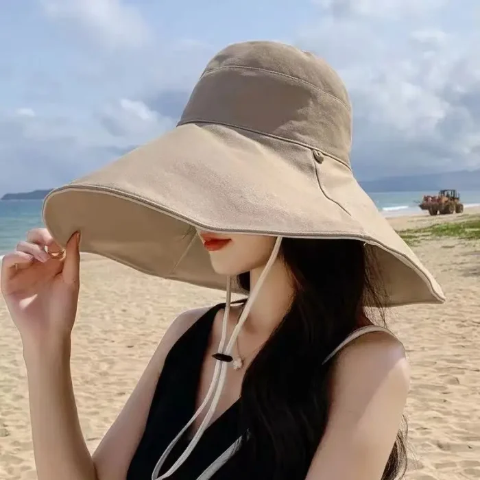 Chapéu de sol de aba larga para mulheres proteção anti-UV boné de pescador de caminhada algodão sólido chapéu de balde de praia respirável verão 4