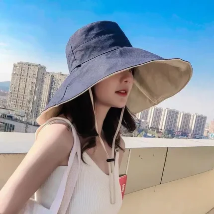 Chapéu de sol de aba larga para mulheres proteção anti-UV boné de pescador de caminhada algodão sólido chapéu de balde de praia respirável verão 1