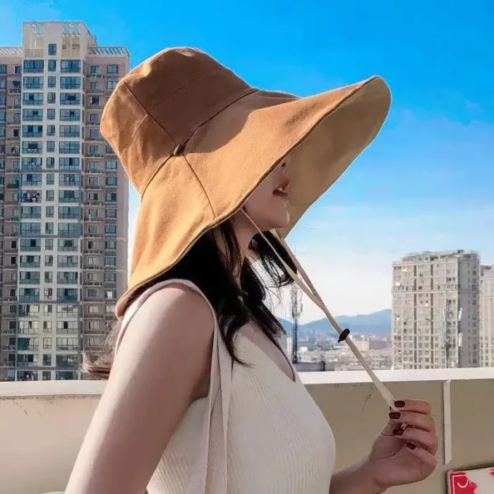 Chapéu de sol de aba larga para mulheres proteção anti-UV boné de pescador de caminhada algodão sólido chapéu de balde de praia respirável verão 3