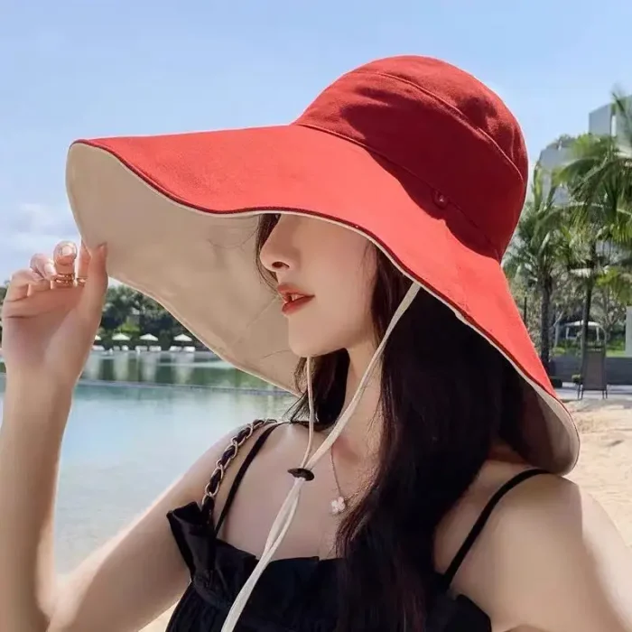 Chapéu de sol de aba larga para mulheres proteção anti-UV boné de pescador de caminhada algodão sólido chapéu de balde de praia respirável verão 6