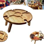 Mesa de piquenique dobrável de madeira ao ar livre com suporte de vidro Mesa dobrável redonda Cremalheira de vidro vinho Mesa dobrável para festa de jardim 1